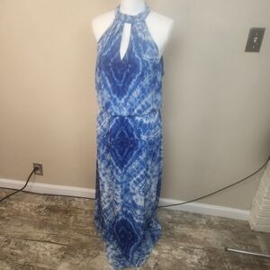 Bisou Bisou Blue Tie Dye Print Halter Maxi Dress Size 14 (5995)